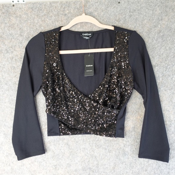 bebe Tops - Bebe Crop Top Womens M Black Sequin Wrap V Neck Stretch Disco Glam Party NWT